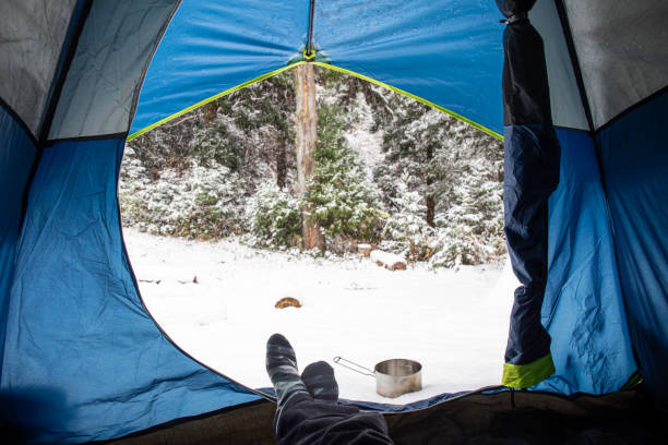 istock POV view looking out from inside tent to snow 1291902390