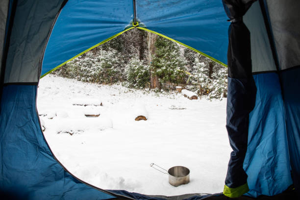 istock Looking out from inside tent to snow 1291902414