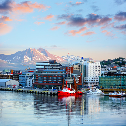 Panoramic View of Tromso harbour, North Norway. Composite photo