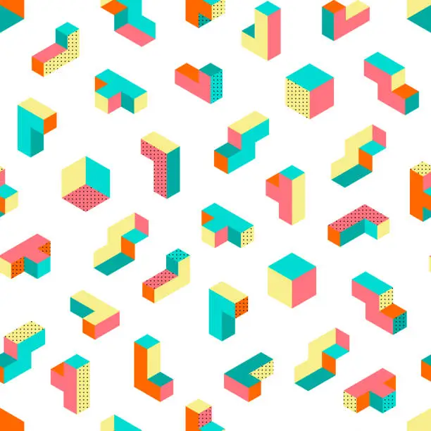 Vector illustration of Isometric puzzle game blocks seamless vector pattern