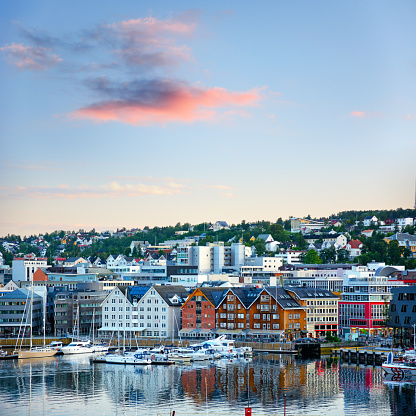Panoramic View of Tromso harbour, North Norway. Composite photo