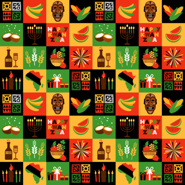 ilustraciones, imágenes clip art, dibujos animados e iconos de stock de estandarte para kwanzaa con colores tradicionales y velas que representan los siete principios o nguzo saba. estilo de colgage. - kwanzaa