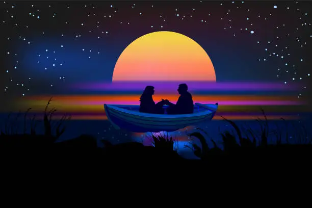 Vector illustration of Romantic silhouette of loving couple at sunset in a boat. Valentines Day. Happy Lovers.