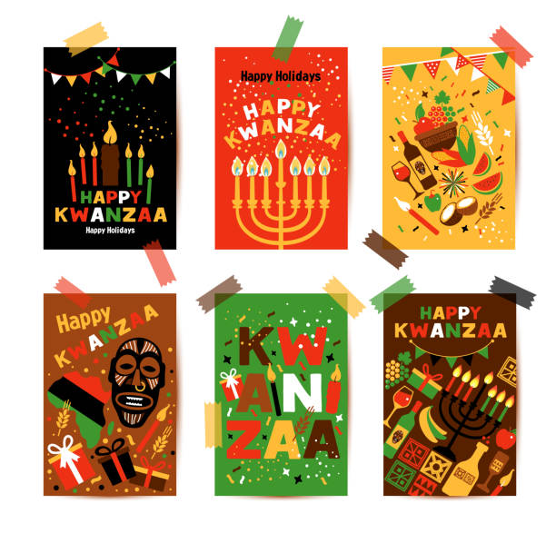 ilustraciones, imágenes clip art, dibujos animados e iconos de stock de conjunto de estandarte para kwanzaa con colores tradicionales y velas que representan los siete principios o nguzo saba. - kwanzaa