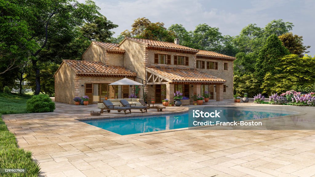 Mediterranean style villa with pool and garden 3D rendering of a Mediterranean style villa with pool and garden House Stock Photo