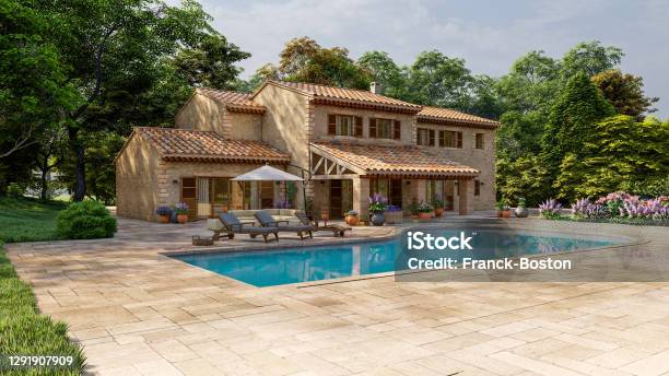 Mediterranean Style Villa With Pool And Garden Stock Photo - Download Image Now - House, Vacation Rental, Swimming Pool