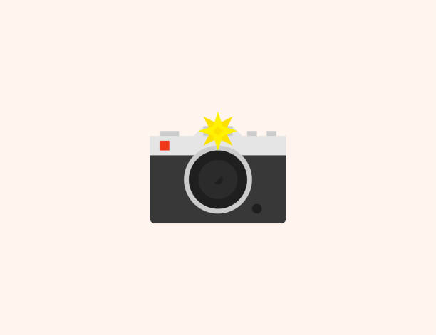 ilustraciones, imágenes clip art, dibujos animados e iconos de stock de cámara de fotos con icono vectorial de flash. cámara de fotos aislada plana, símbolo de ilustración de color - vector - cámara fotos