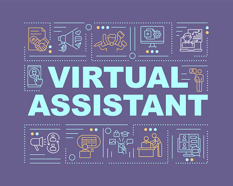 Virtual assistant word concepts banner. Freelancer, subcontractor. Administrative work. Infographics with linear icons on violet background. Isolated typography. Vector outline RGB color illustration