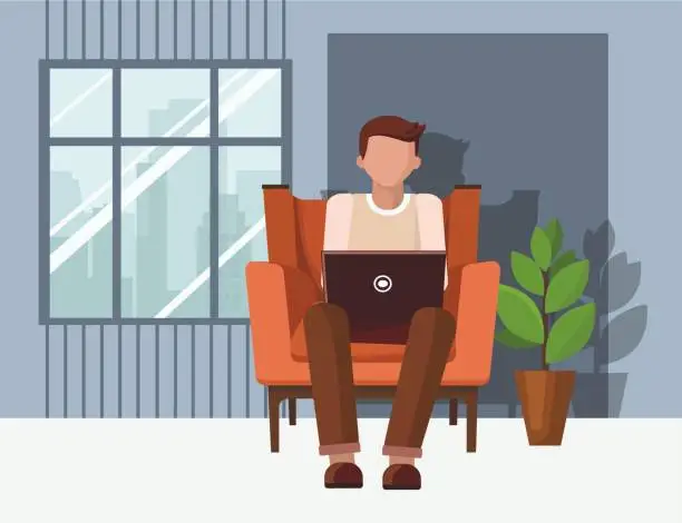 Vector illustration of Freelance man sitting in chair and working on laptop. Home interior.