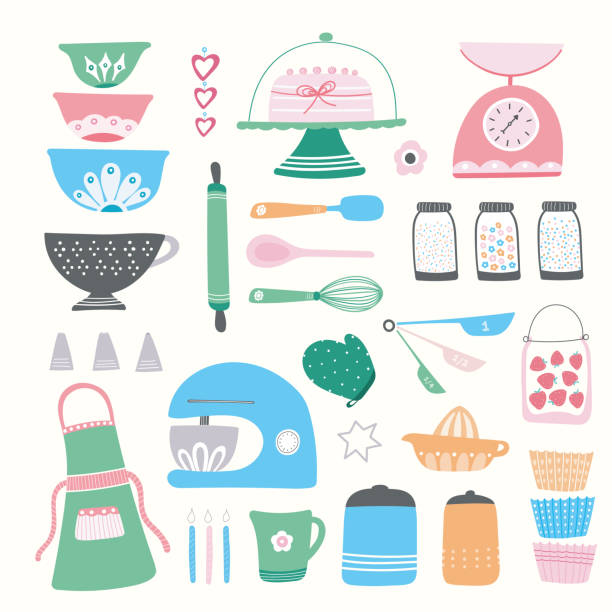 Baking kitchen icon illustration set. Baking kitchen icon set, vector illustrations of home cooking equipment, cute and colourful hand drawn design resource. mixing bowl icon stock illustrations