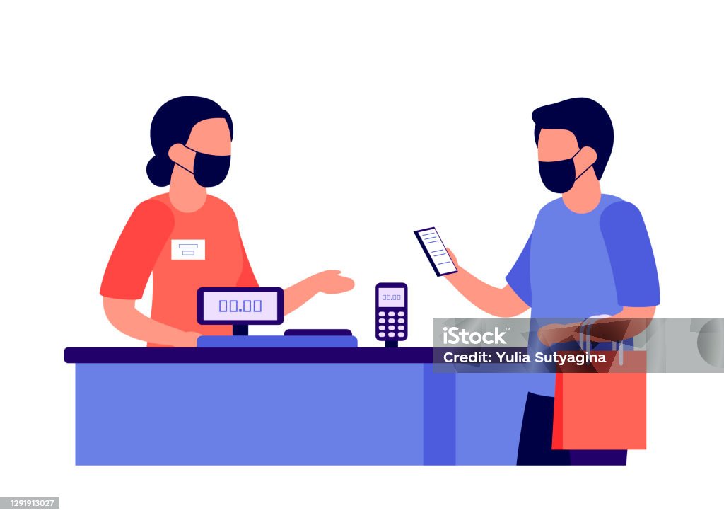 Contactless mobile payment for purchases via nfc. People shopping. Social distancing and protective masks in shop. Checkout, supermarket store counter cashier and shopper. Vector illustration - Royalty-free Balcão de Pagamento arte vetorial