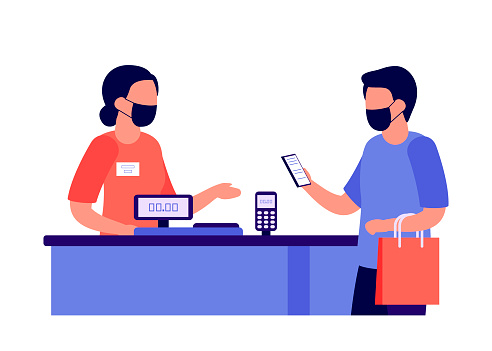 Contactless mobile payment for purchases via nfc. People shopping. Social distancing and protective masks in shop. Checkout, supermarket store counter cashier and shopper. Vector illustration