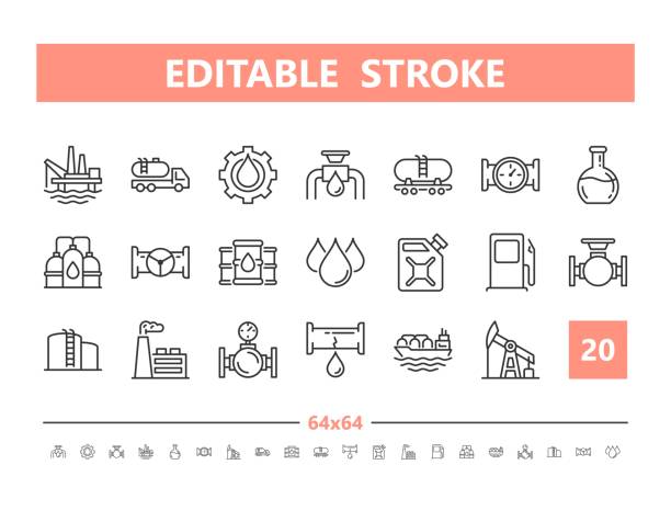 illustrazioni stock, clip art, cartoni animati e icone di tendenza di carburante 20 icone di linea. illustrazione vettoriale in stile linea. tratto modificabile, 64x64, 256x256, pixel perfetto. - gasoline electricity biofuel car