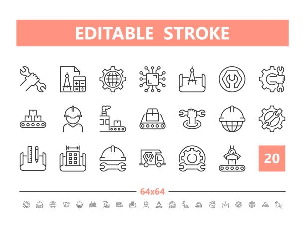 инженерные 20 иконок линии. векторная иллюстрация в стиле линии. редактируемый ход, 64x64, 256x256, pixel perfect. - machine part drawing organization blueprint stock illustrations