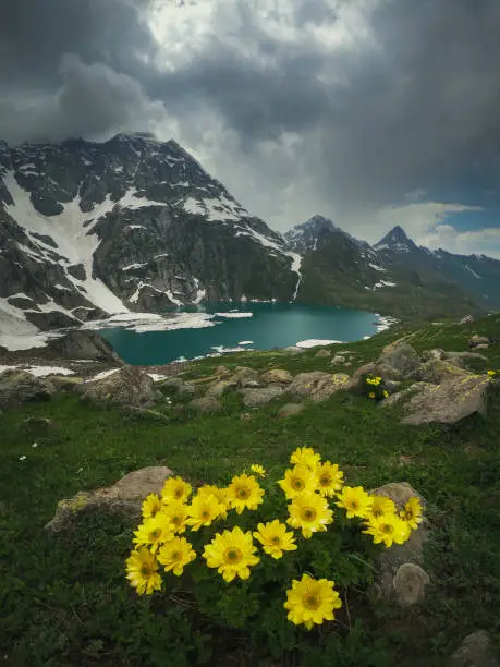Alpine lake in Kashmir. This lake is known as Gadsar lake which is accessible after crossing the Gadsar pass at 13,800ft in the Kashmir Himalayas.