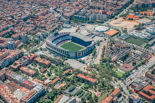 Camp Nou stadium. The largest stadium in Barcelona from a helicopter