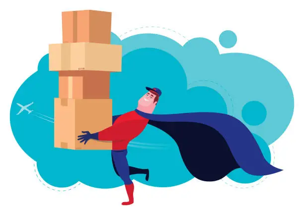 Vector illustration of superhero courier holding stack of cartons