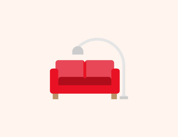 sofa und lampe vektor-symbol. isoliertes wohnzimmer rotes sofa und lampe flach, farbige illustration symbol - vektor - sofa stock-grafiken, -clipart, -cartoons und -symbole