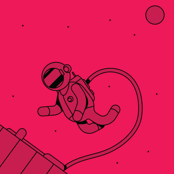 Astronaut floating near a space station during an EVA, with the moon in the background. Flat and bold design with bright monochrome colors and sharp black shadows. Bright pink. Illustration of modern spacecraft and modern space exploration of the solar system. Vector file. lander spacecraft stock illustrations