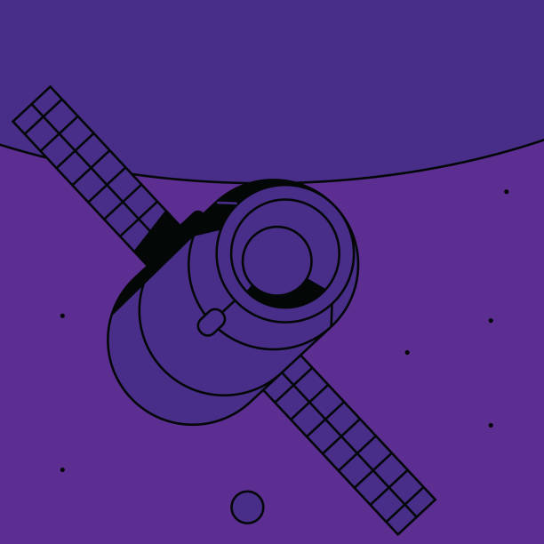 Spacecraft in low earth orbit, space telescope, space station or other crewed vehicle. Flat and bold design with bright monochrome colors and sharp black shadows. Deep purple. Illustration of modern spacecraft and modern space exploration of the solar system. Vector file. lander spacecraft stock illustrations