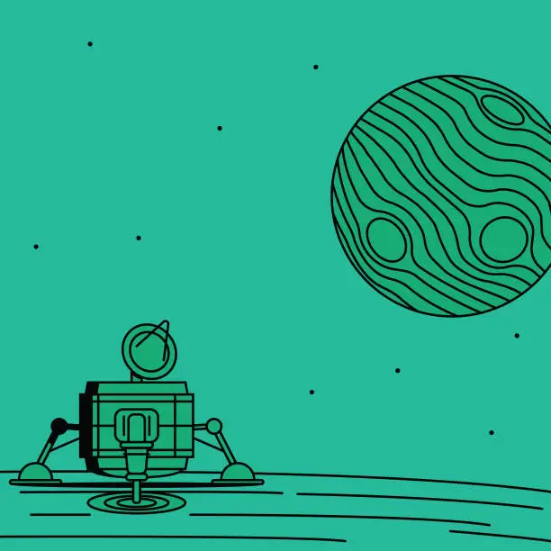 Vector illustration of Space-probe and its lander on the icy surface of the moon Europa, performing drilling activities with the planet Jupiter orbiting in the background. Flat and bold design with bright monochrome colors and sharp black shadows. Mint green.