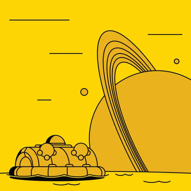 Vector illustration of Experimental floating craft on the surface of the moon titan, with the planet Saturn and its rings orbiting in the background. Flat and bold design with bright monochrome colors and sharp black shadows. Bright yellow.