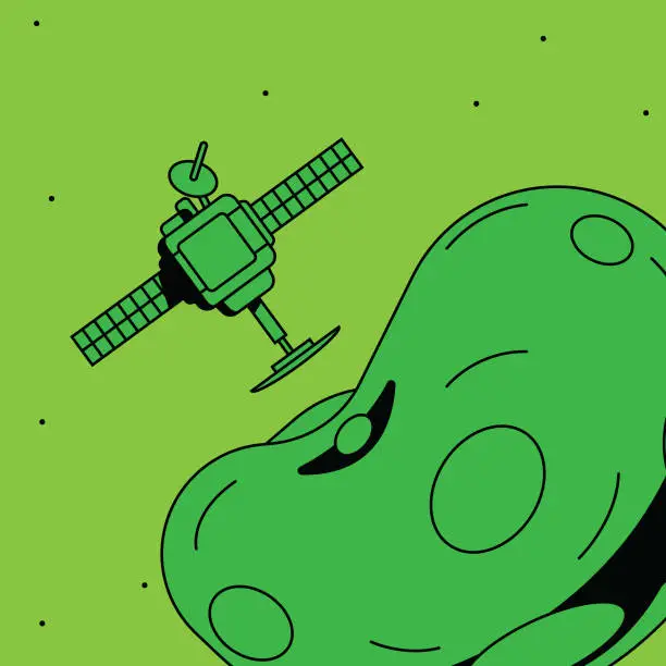 Vector illustration of Space-probe performing an approach maneuver near an asteroid to collect samples and return to earth. Flat and bold design with bright monochrome colors and sharp black shadows. Lime green.