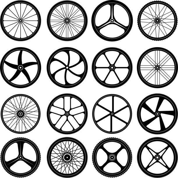ilustraciones, imágenes clip art, dibujos animados e iconos de stock de ruedas de bicicleta. neumáticos silueta ruedas de bicicleta con radios metálicos colección de símbolos vectoriales - radio de rueda