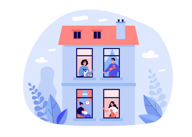 Neighbors keeping pets in their flats Neighbors keeping pets in their flats. Windows and exterior of apartment building flat vector illustration. Domestic animals, pet care concept for banner, website design or landing web page roommate stock illustrations