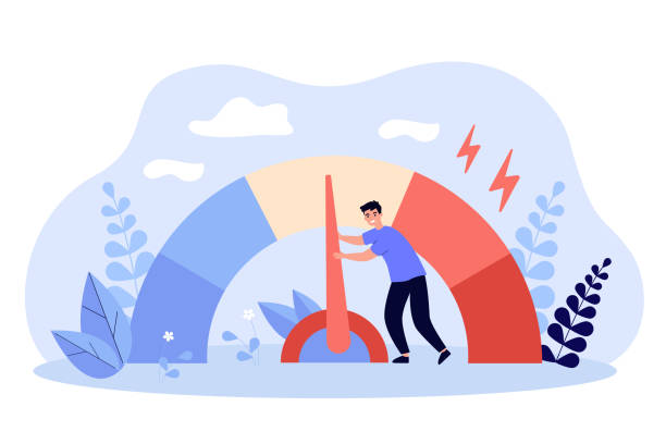 Tiny tired man reducing stress level Tiny tired man reducing stress level flat vector illustration. Cartoon employee struggling with arrow of crisis measure. Business lifestyle and emotional overload concept pressure meter stock illustrations
