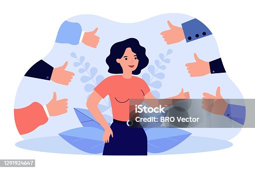 istock Proud positive woman surrounded by hands with thumbs up 1291924647