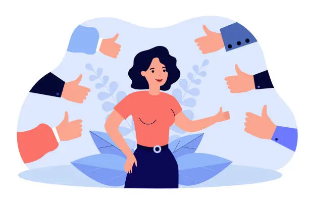 Vector illustration of Proud positive woman surrounded by hands with thumbs up