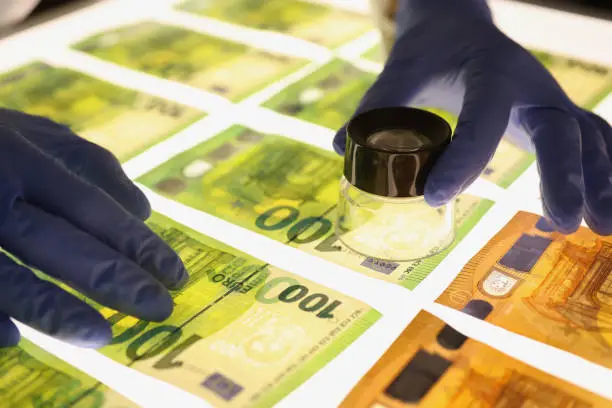 Hands in rubber gloves holding magnifying glass over banknotes closeup. Money authentication concept