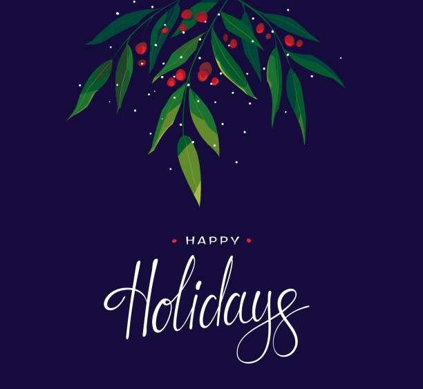 ilustraciones, imágenes clip art, dibujos animados e iconos de stock de rama verde con bayas rojas sobre fondo azul oscuro, con letras happy holidays. - happy holidays