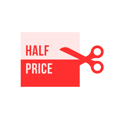 simple red scissors like half price. flat cartoon modern special offer graphic minimal abstract design web element isolated on white. concept of buy profitable like super gift for client