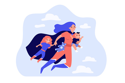 Happy superhero mother flying and carrying children