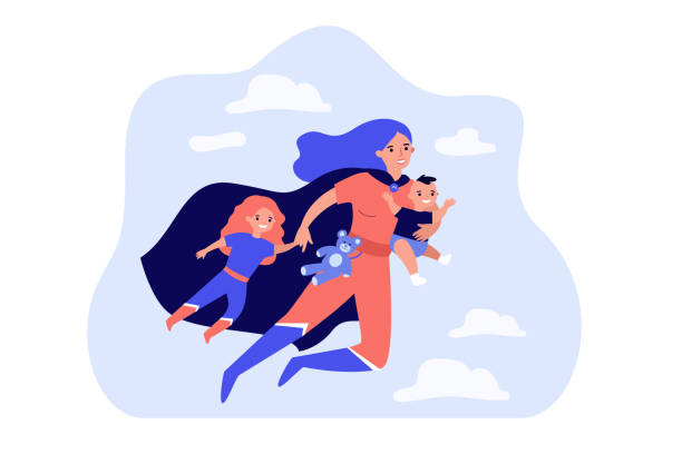 Happy superhero mother flying and carrying children Happy superhero mother flying and carrying children flat vector illustration. Cartoon busy super mom shopping or having fun with baby and elder girl. Family and motherhood concept animal related occupation stock illustrations