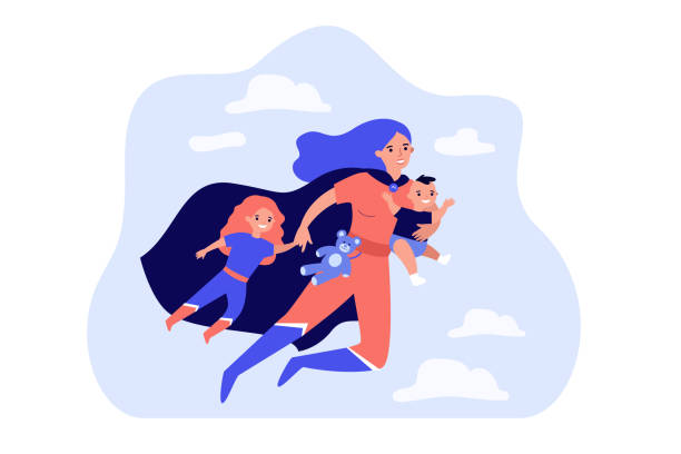 Happy superhero mother flying and carrying children Happy superhero mother flying and carrying children flat vector illustration. Cartoon busy super mom shopping or having fun with baby and elder girl. Family and motherhood concept superheld stock illustrations