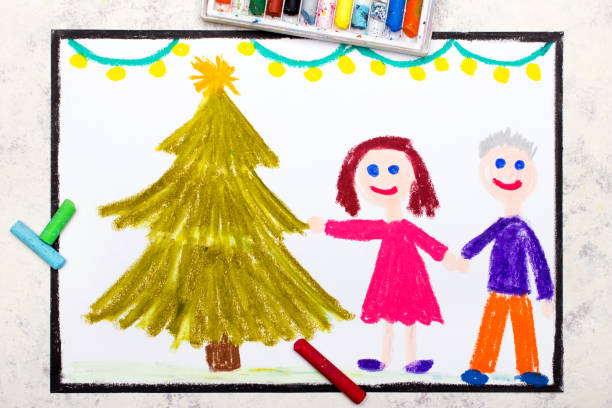 istock Colorful drawing: A Christmas time, a smiling couple and beautiful Christmas tree 1291931211