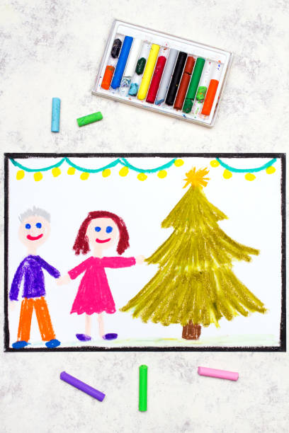 istock Colorful drawing: A Christmas time, a smiling couple and beautiful Christmas tree 1291935693