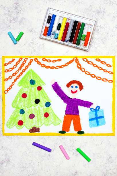 istock Colorful drawing: A Christmas time. Beautiful Christmas tree and happy men hoding a gift 1291937155