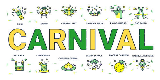 ilustrações, clipart, desenhos animados e ícones de conceito de carnaval. banner de composição de palavras e ícones - escola de samba