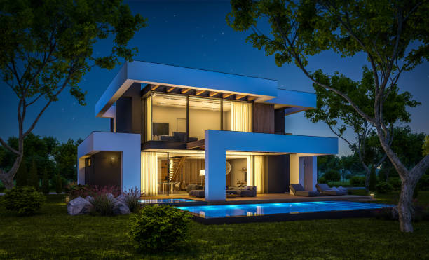 istock 3d rendering of modern house in luxurious style in night 1291939957