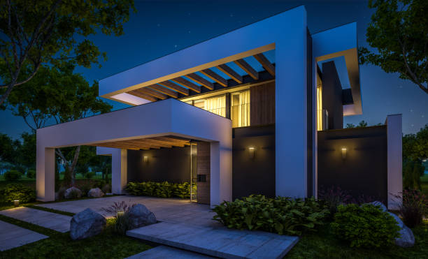 istock 3d rendering of modern house in luxurious style in night 1291939958