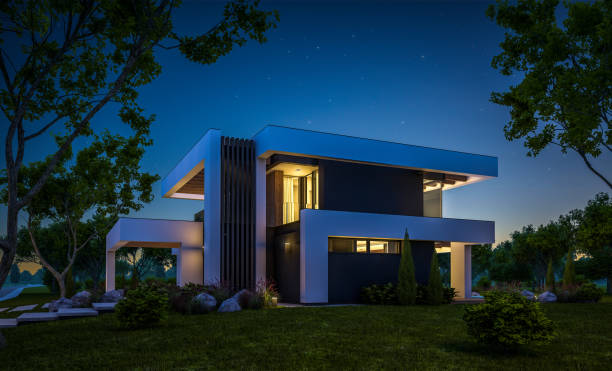 istock 3d rendering of modern house in luxurious style in night 1291939973