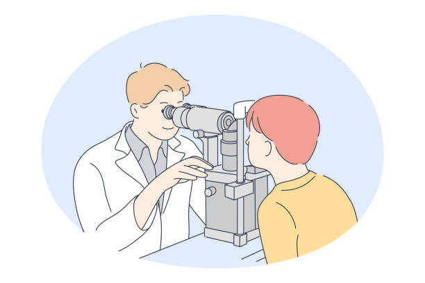 Doctor, medicine, ophthalmologist concept Doctor, medicine, ophthalmologist concept. Young smiling man doctor optometrist examining eyes of little boy patient with special equipment in medical clinic. Medicare, therapist, healthcare optometrist stock illustrations