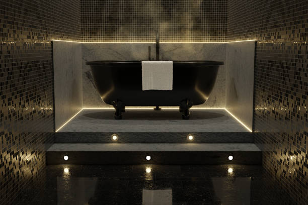istock 3d rendering of freestanding black bathtub illuminated from yellow led lights 1291943691