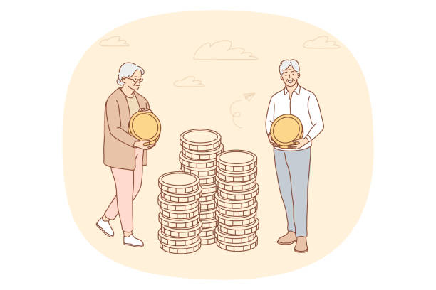 Saving money, finance, budget concept Saving money, finance, budget concept. Elderly couple pensioners cartoon characters putting coins in stacks for saving. Collecting money, business, earnings, income physical gold ira stock illustrations
