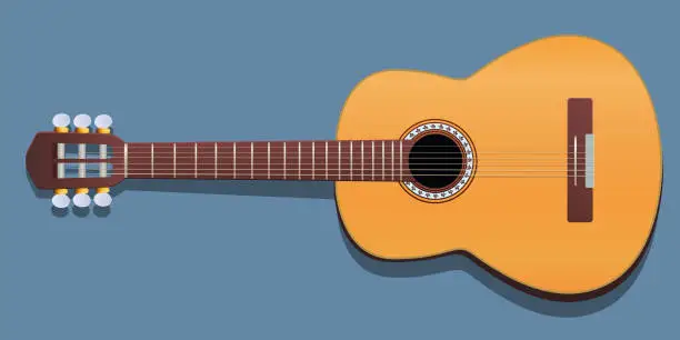 Vector illustration of A classical guitar seen from the front on a blue background.