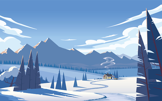 Atmospheric winter landscape in cool colors. Cozy country house in a field, surrounded by trees, against the background of mountains and sky with lush clouds. Vector illustration.